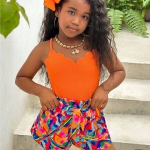 SHEIN Kids Orange and Multicolor High Waist One Piece Romper